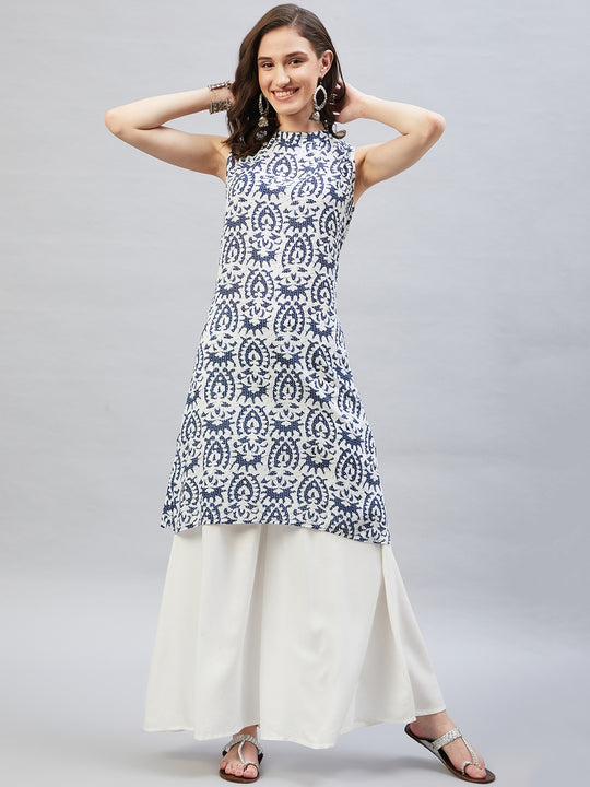 Navy White Kantha Print Halter Kurta Palazzo Set