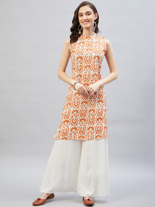 Peru White Kantha Print Halter Kurta Palazzo Set