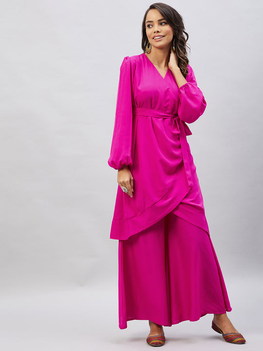Magenta Tie Up Kurta Palazzo Set