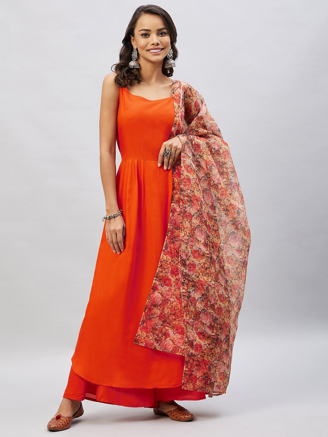 Orange Strappy Set With Beige Orange Floral Organza Dupatta