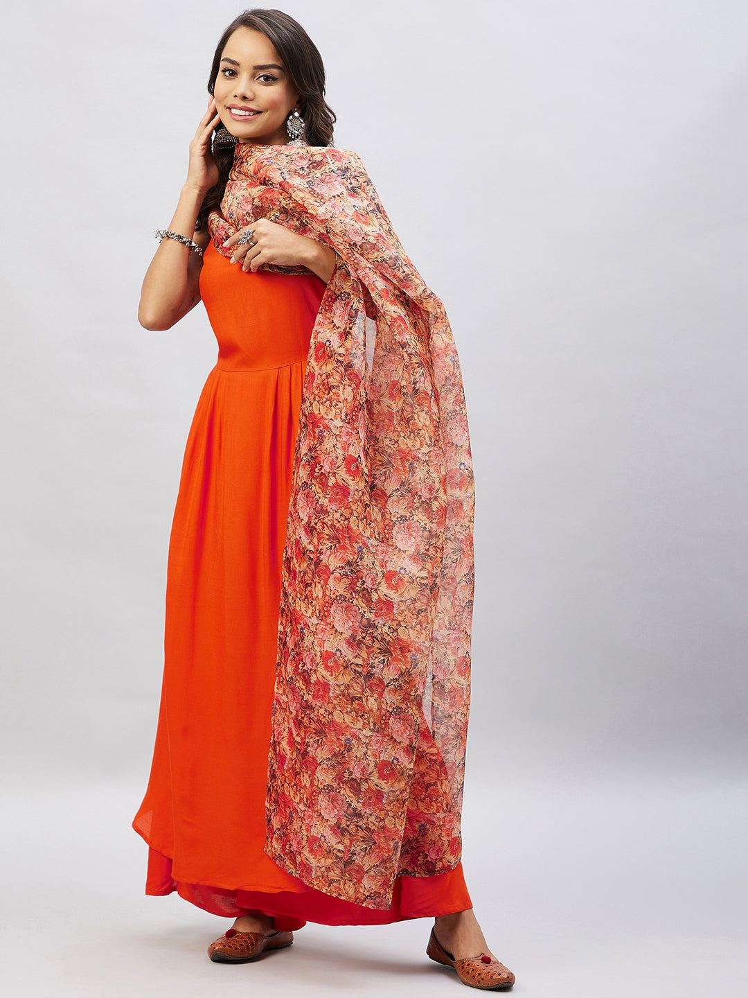 Orange Strappy Set With Beige Orange Floral Organza Dupatta