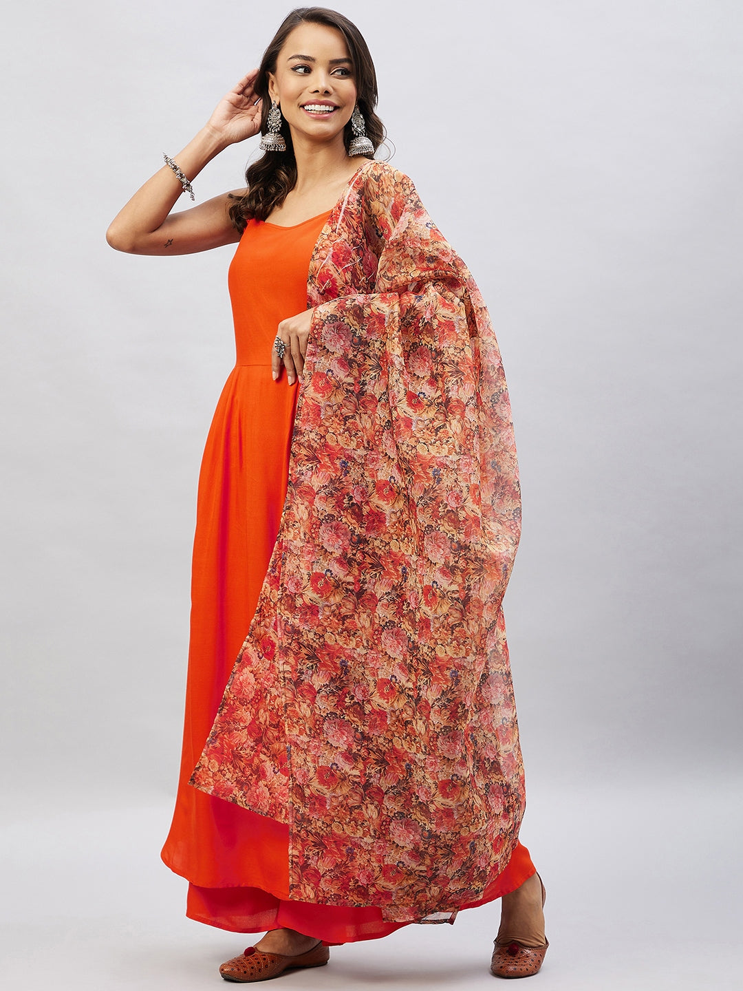 Orange Strappy Set With Beige Orange Floral Organza Dupatta