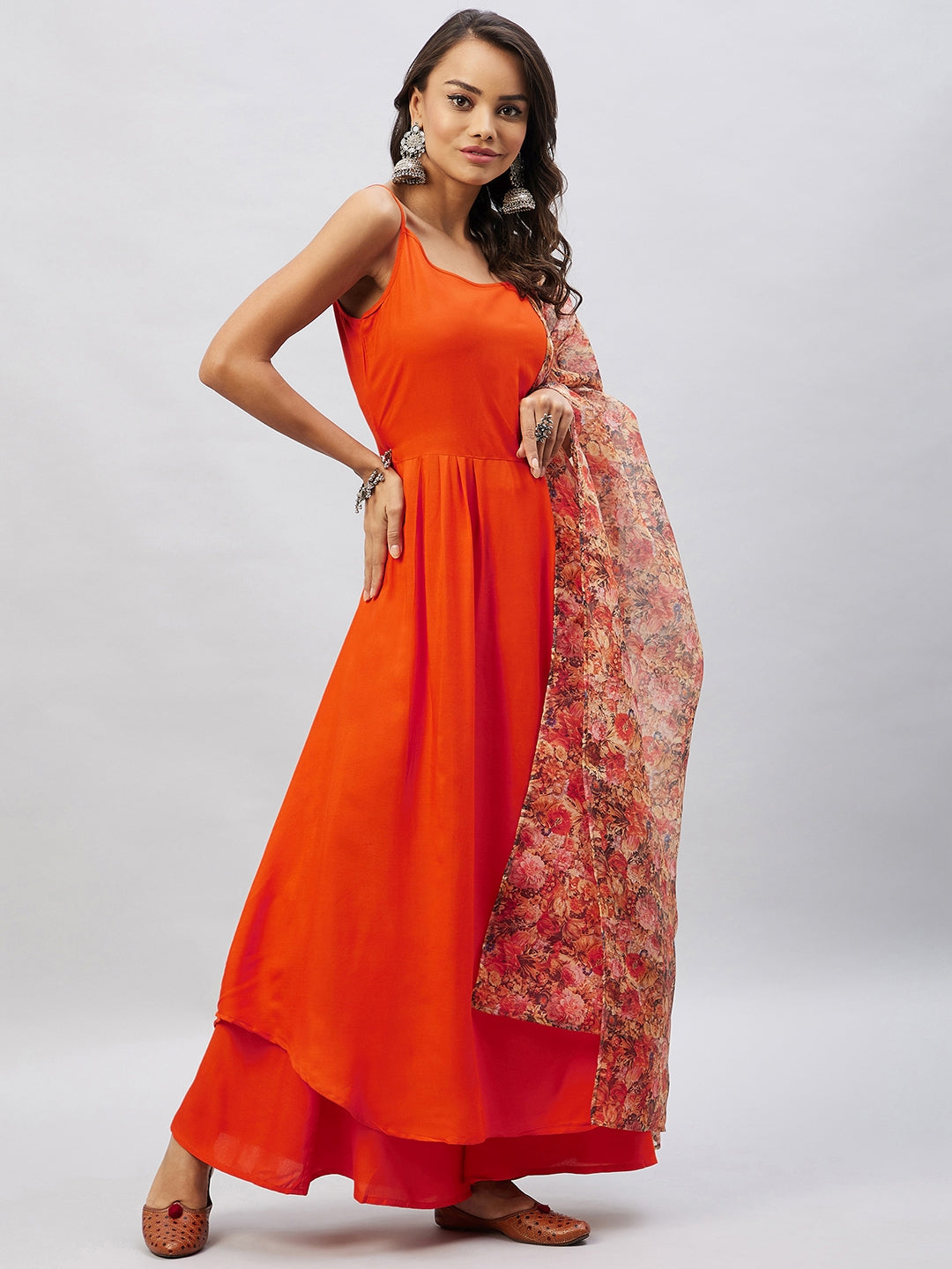 Orange Strappy Set With Beige Orange Floral Organza Dupatta