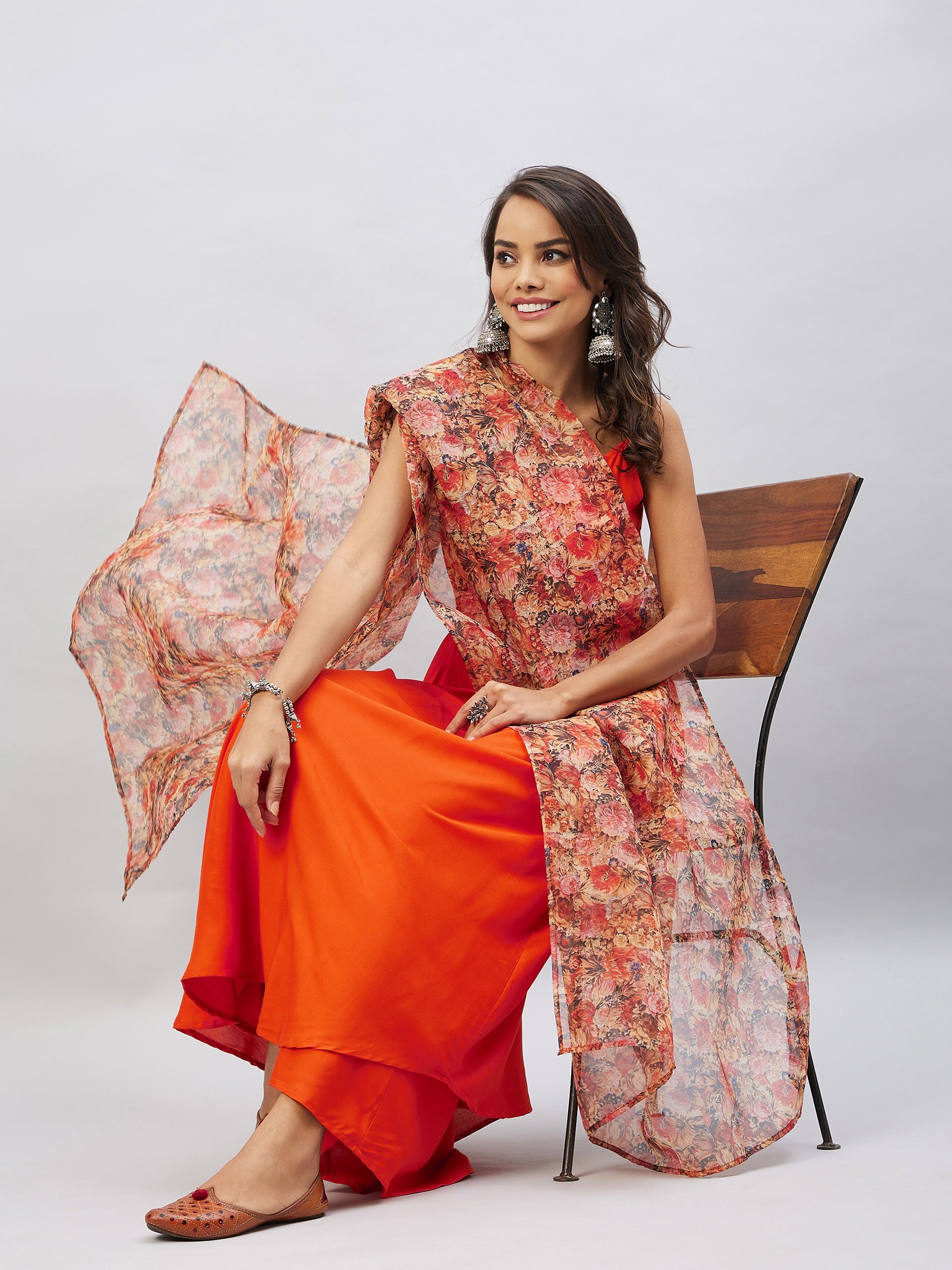 Orange Strappy Set With Beige Orange Floral Organza Dupatta