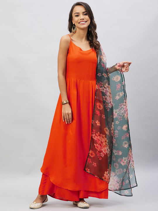 Orange Strappy Set With Black Floral Organza Dupatta