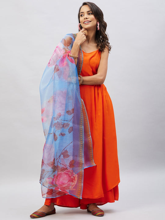 Orange Strappy Set With Blue Fuchsia Organza Dupatta