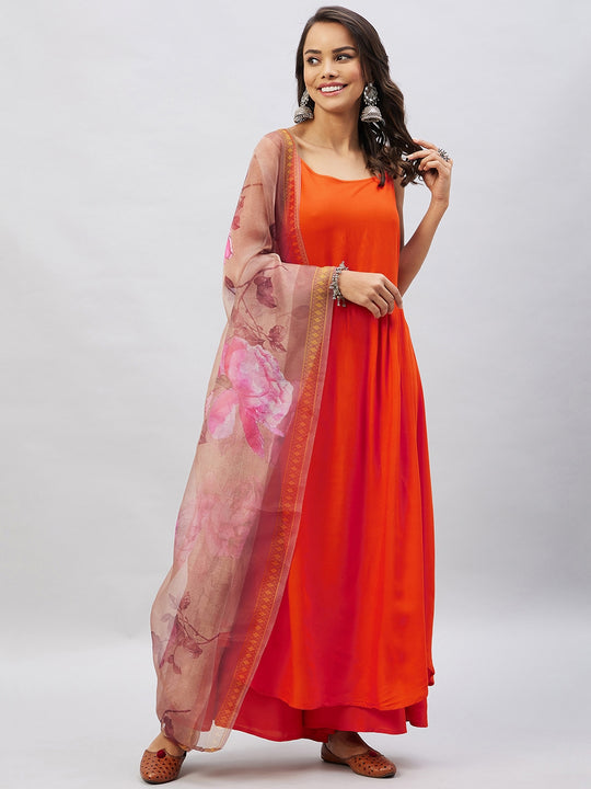 Orange Strappy Set With Gold Pink Organza Dupatta