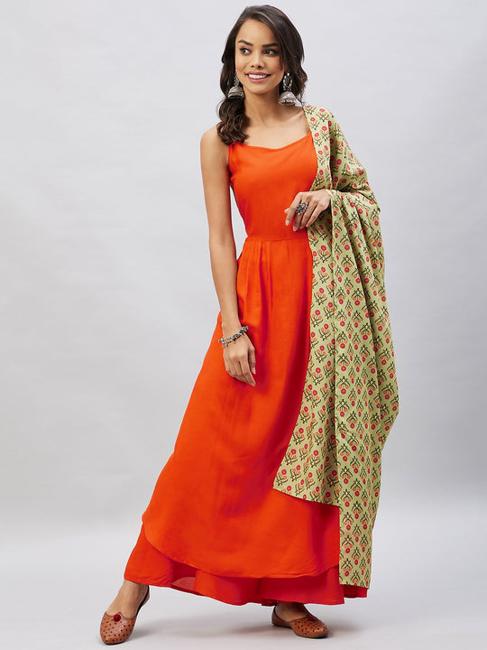 Orange Strappy Set With Light Green Orange Print Dupatta