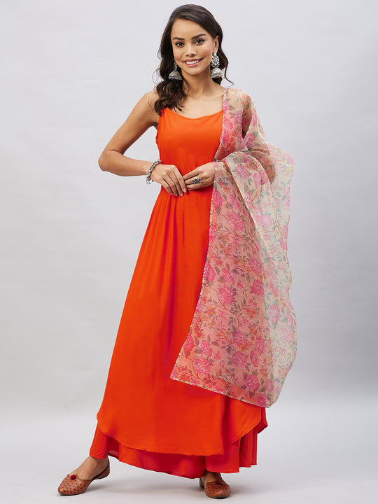 Orange Strappy Set With Light Olive Organza Dupatta