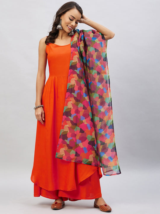 Orange Strappy Set With Maroon Abstract Organza Dupatta