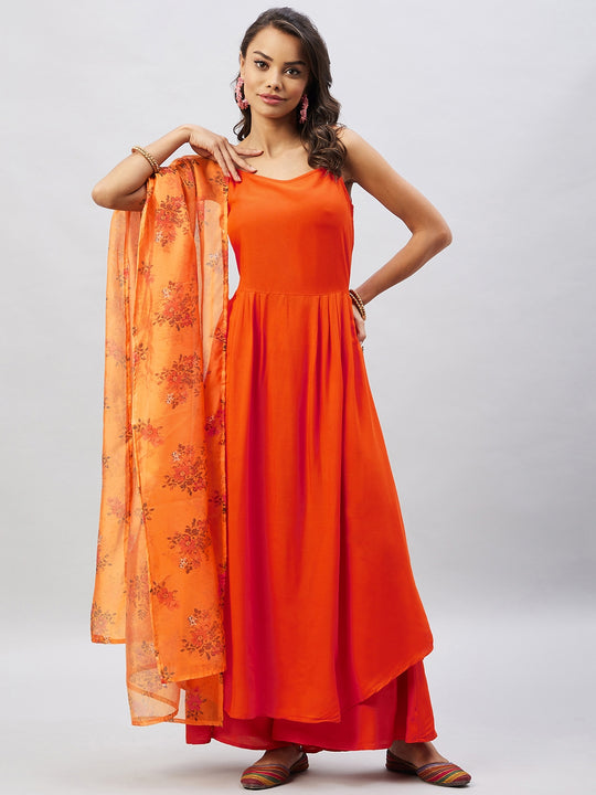 Orange Strappy Set With Mustard Floral Organza Dupatta