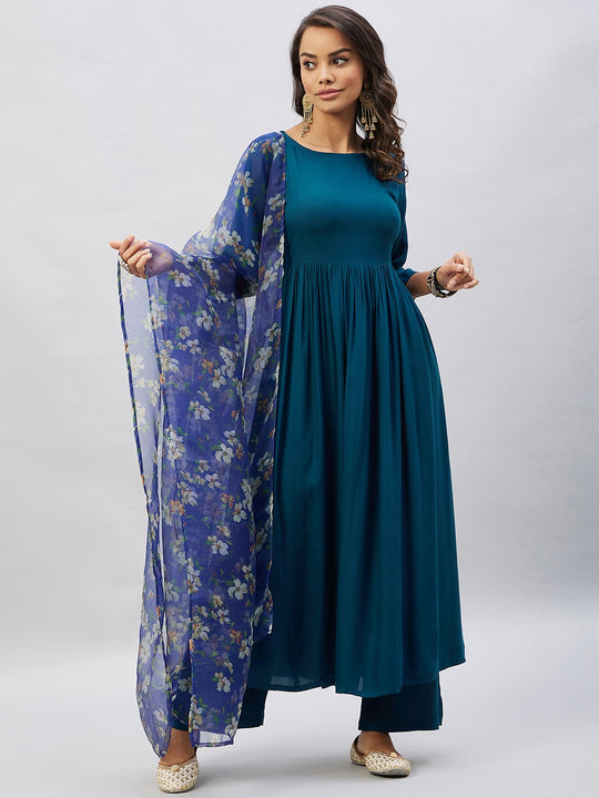 Dusty Blue Anarkali Kurta Set With Blue Floral Organza Dupatta