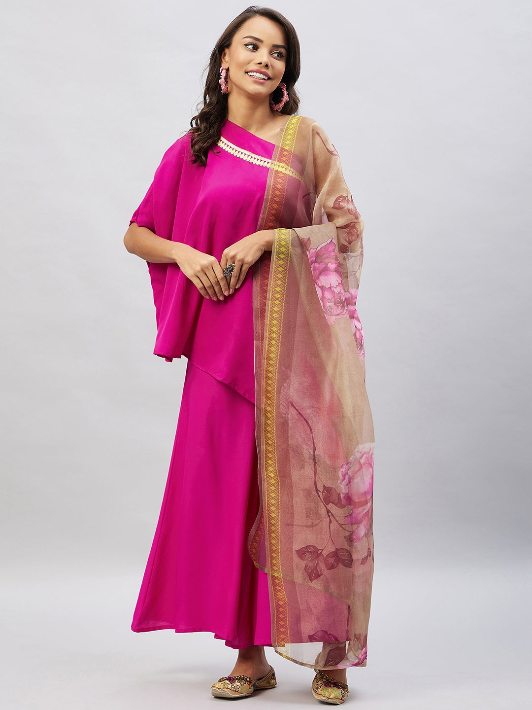Magenta One shoulder Set Gold Pink Organza Dupatta