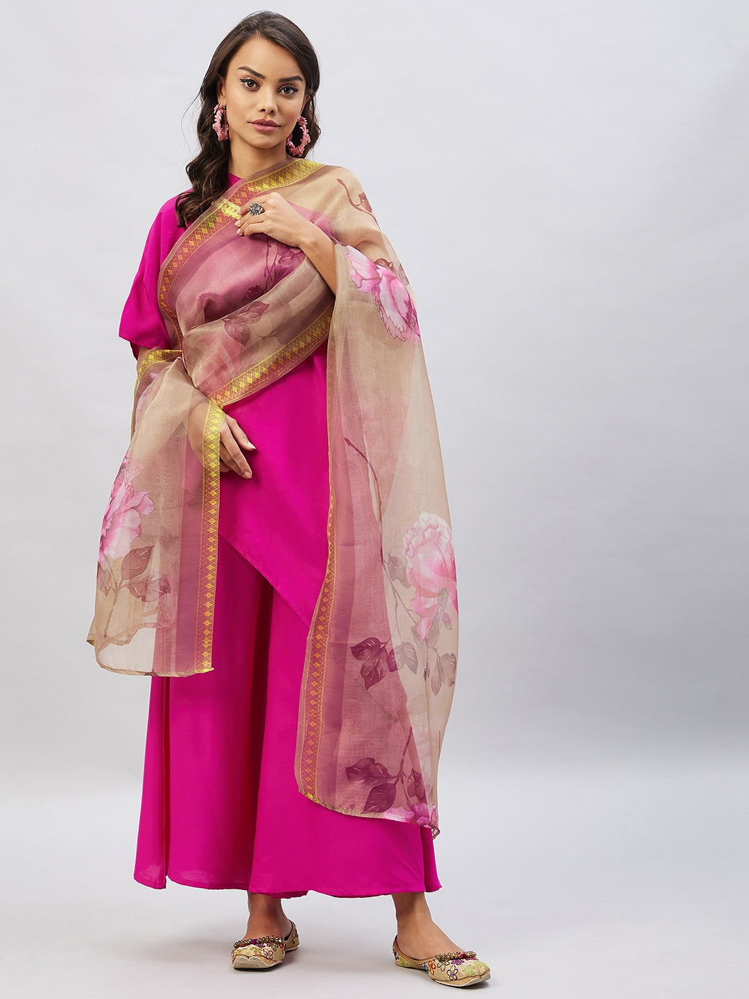 Magenta One shoulder Set Gold Pink Organza Dupatta