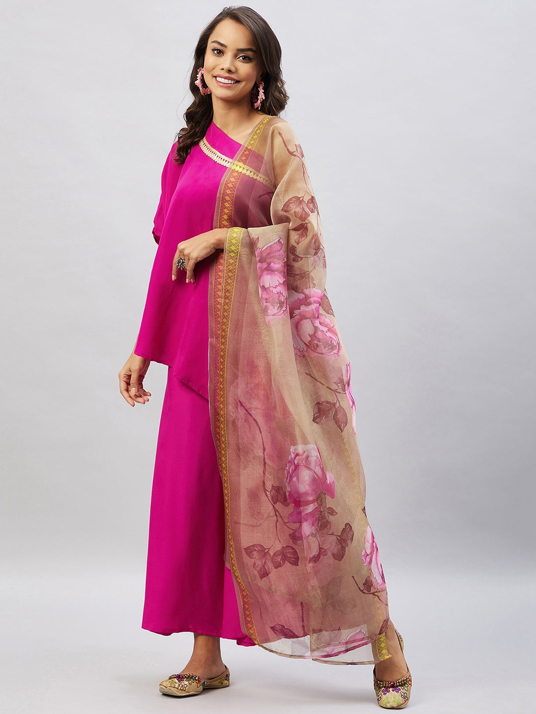 Magenta One shoulder Set Gold Pink Organza Dupatta