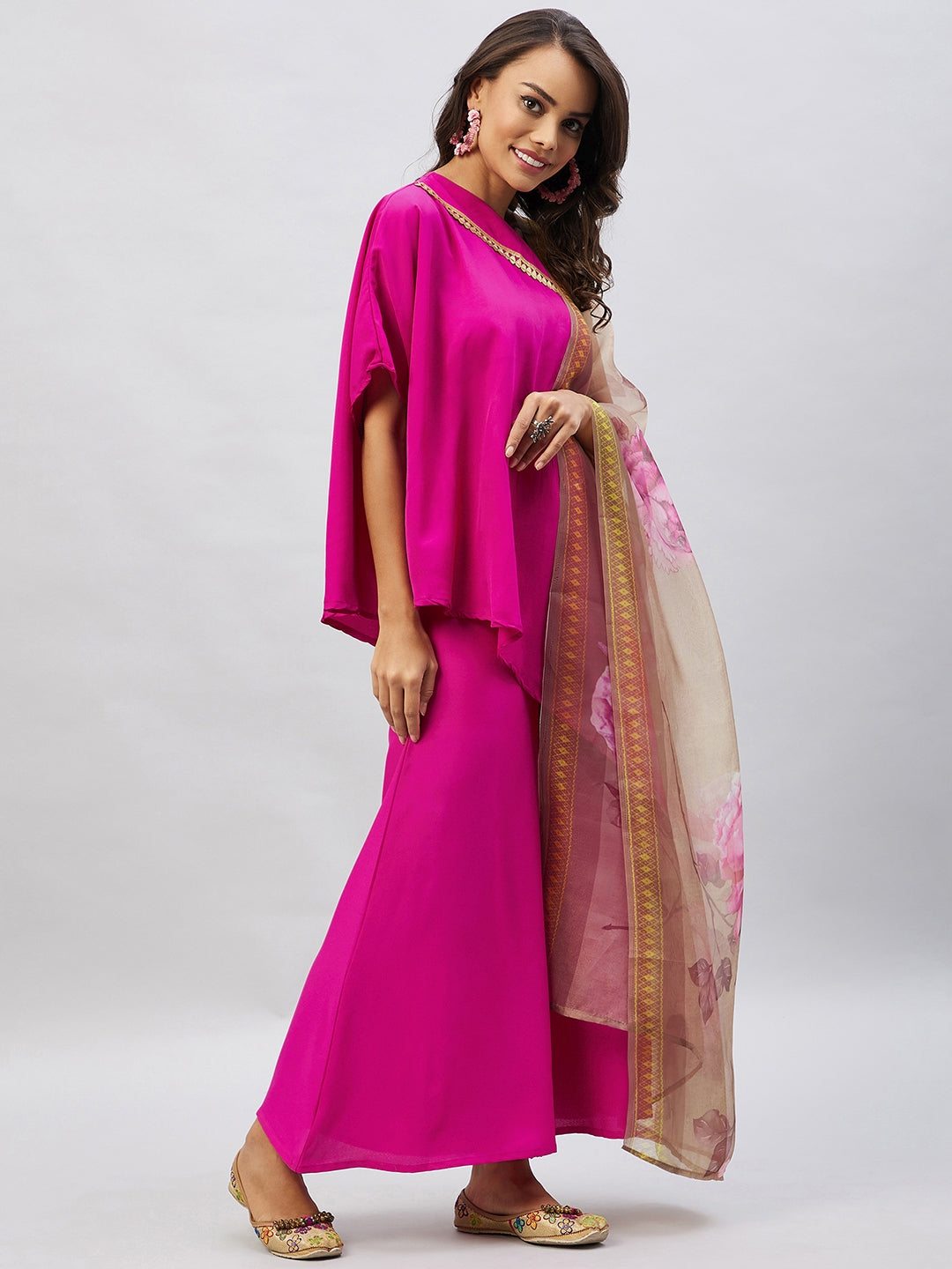 Magenta One shoulder Set Gold Pink Organza Dupatta