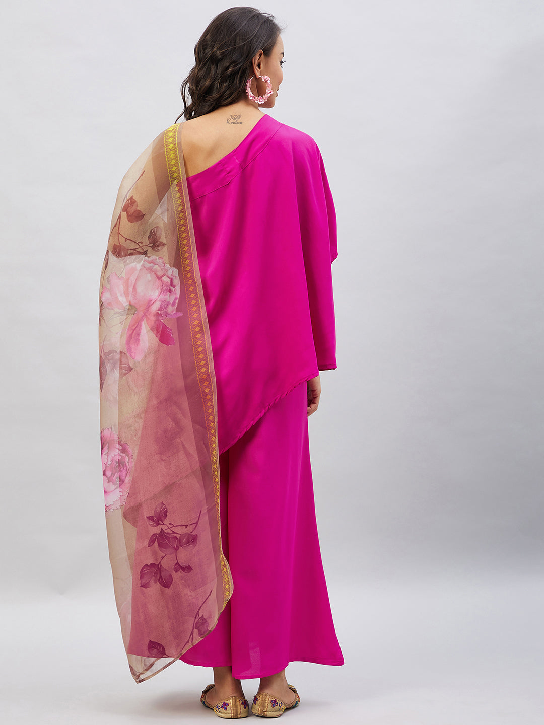 Magenta One shoulder Set Gold Pink Organza Dupatta