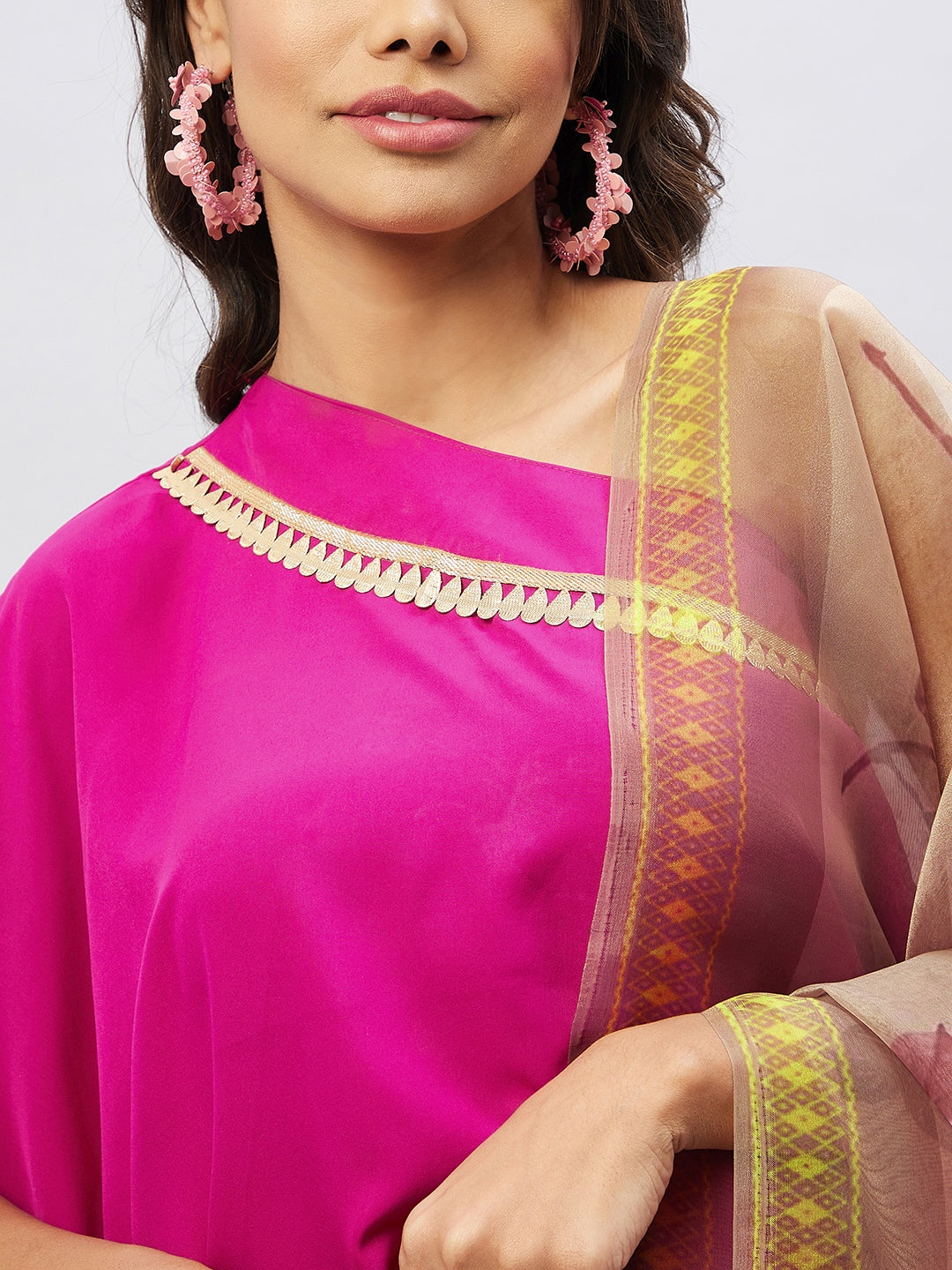 Magenta One shoulder Set Gold Pink Organza Dupatta
