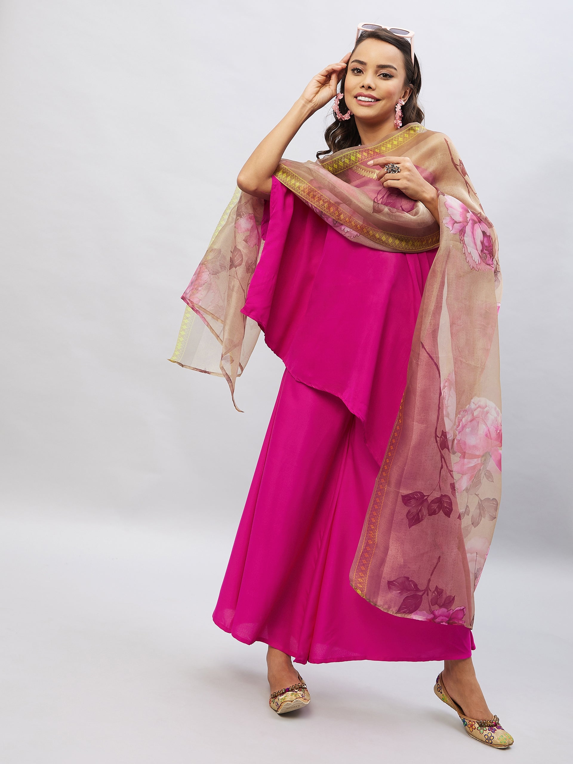 Magenta One shoulder Set Gold Pink Organza Dupatta