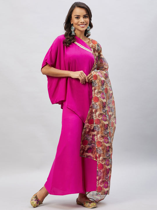 Magenta One shoulder Set With Camel Brown Floral Organza Dupatta