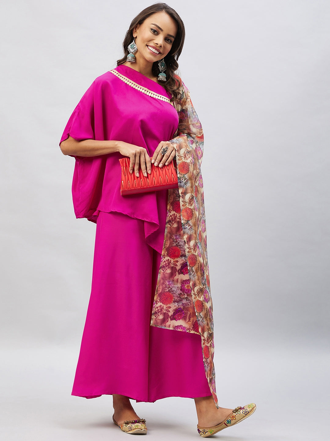 Magenta One shoulder Set With Camel Brown Floral Organza Dupatta