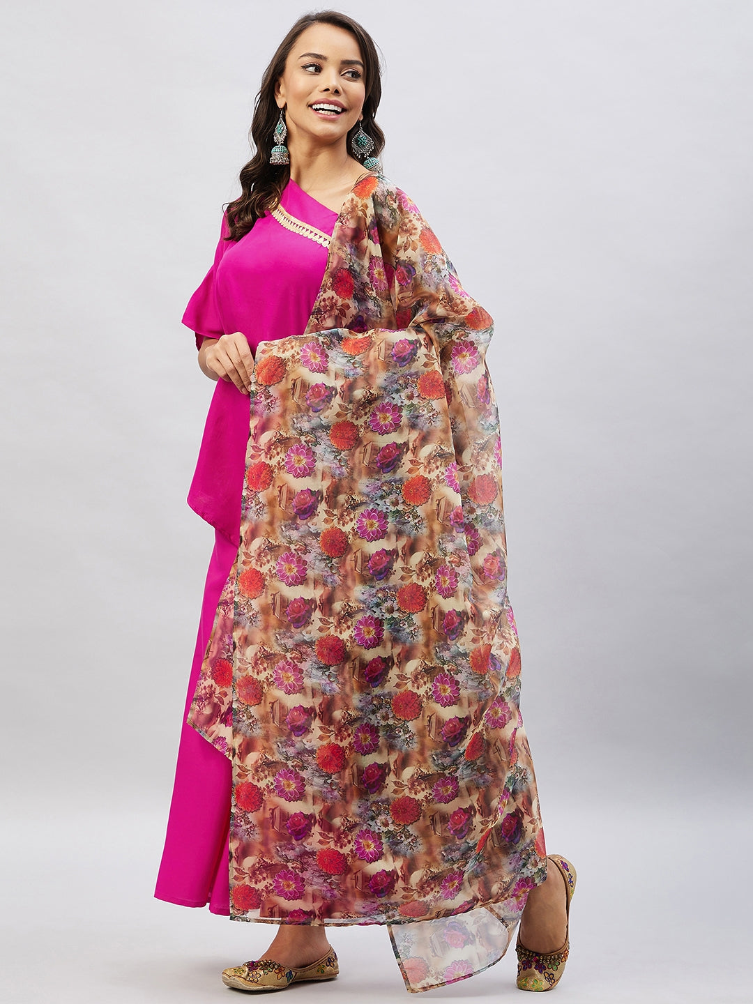 Magenta One shoulder Set With Camel Brown Floral Organza Dupatta