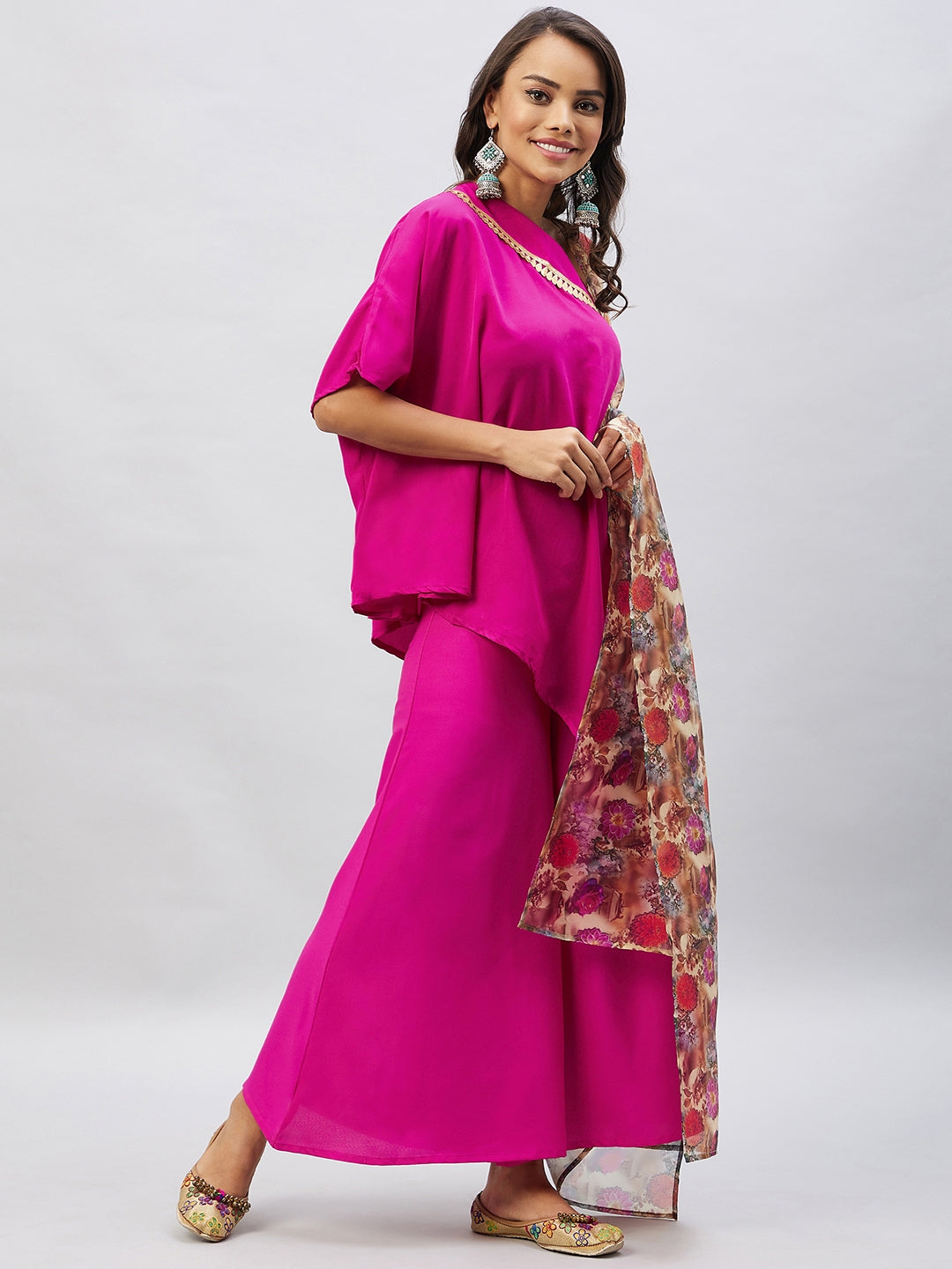 Magenta One shoulder Set With Camel Brown Floral Organza Dupatta