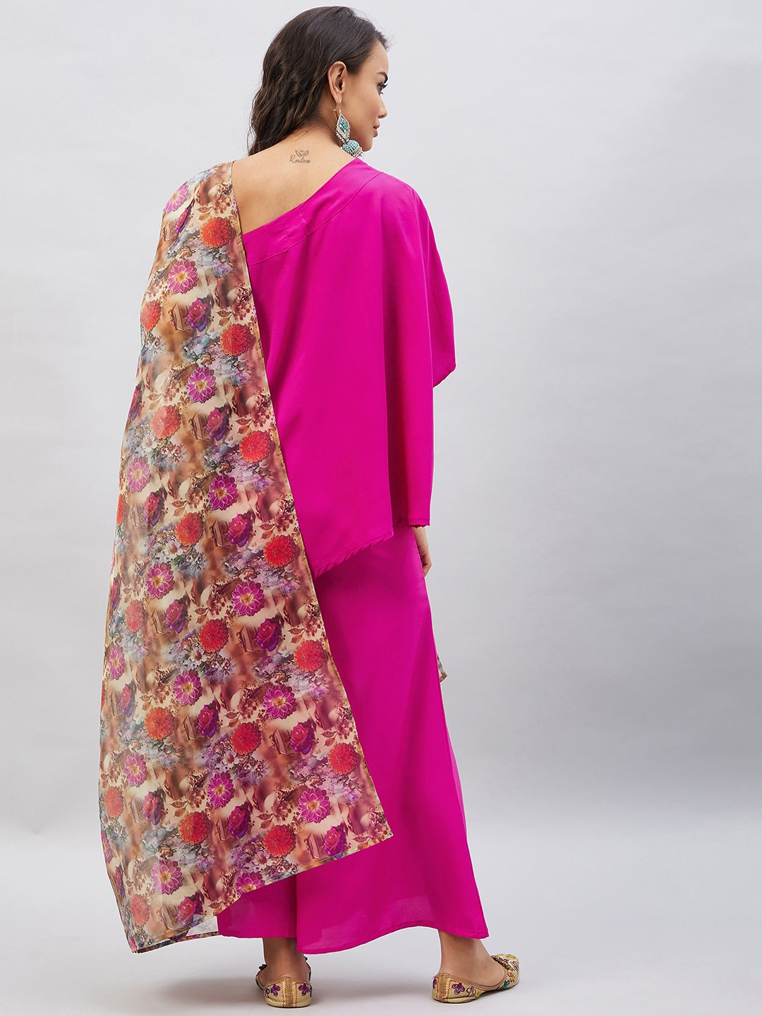 Magenta One shoulder Set With Camel Brown Floral Organza Dupatta