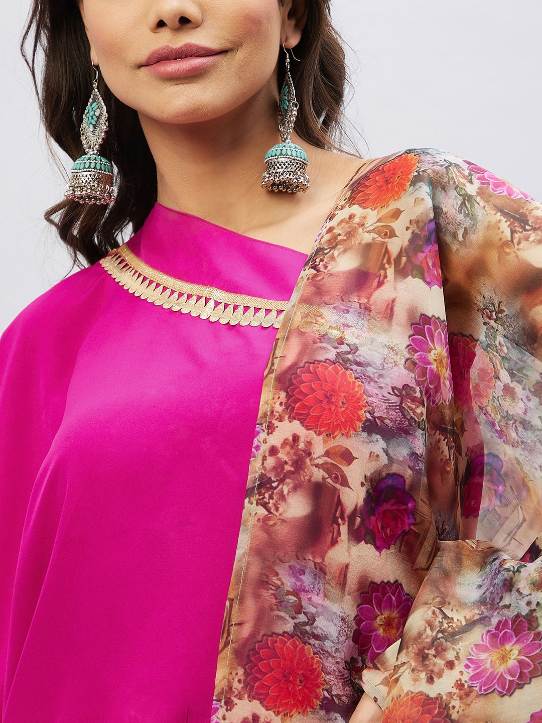 Magenta One shoulder Set With Camel Brown Floral Organza Dupatta