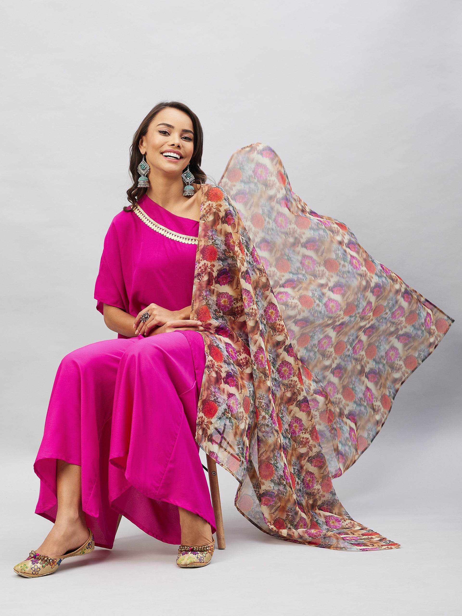 Magenta One shoulder Set With Camel Brown Floral Organza Dupatta