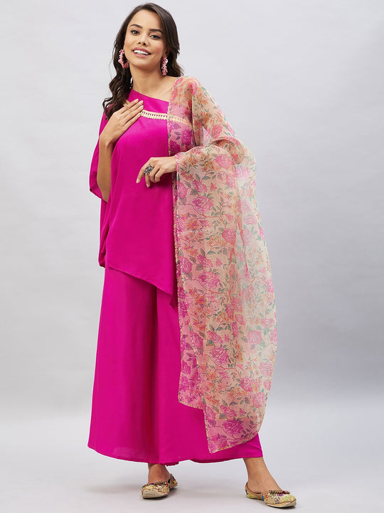 Magenta One shoulder Set With Light Olive Organza Dupatta