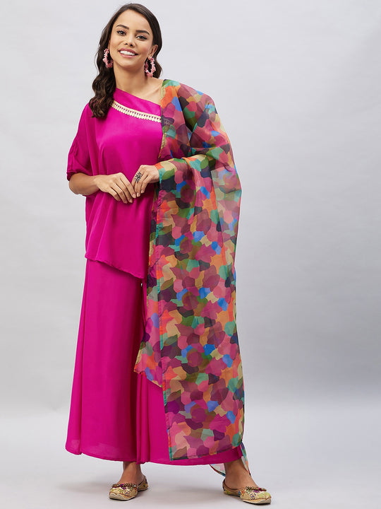 Magenta One shoulder Set With Maroon Abstract Organza Dupatta