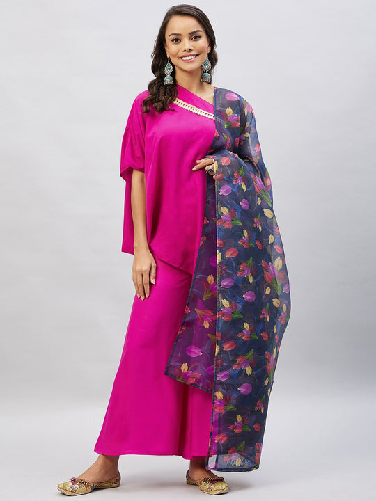 Magenta One shoulder Set With Navy Pink Floral Organza Dupatta