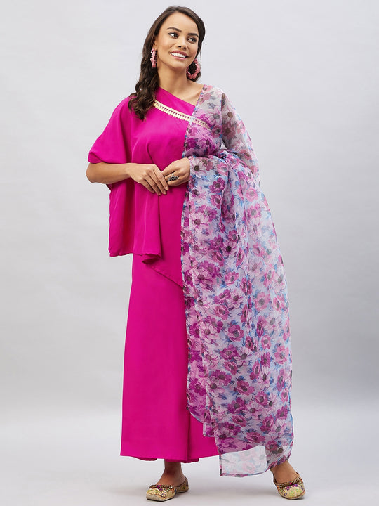 Magenta One shoulder Set With Off White Floral Organza Dupatta