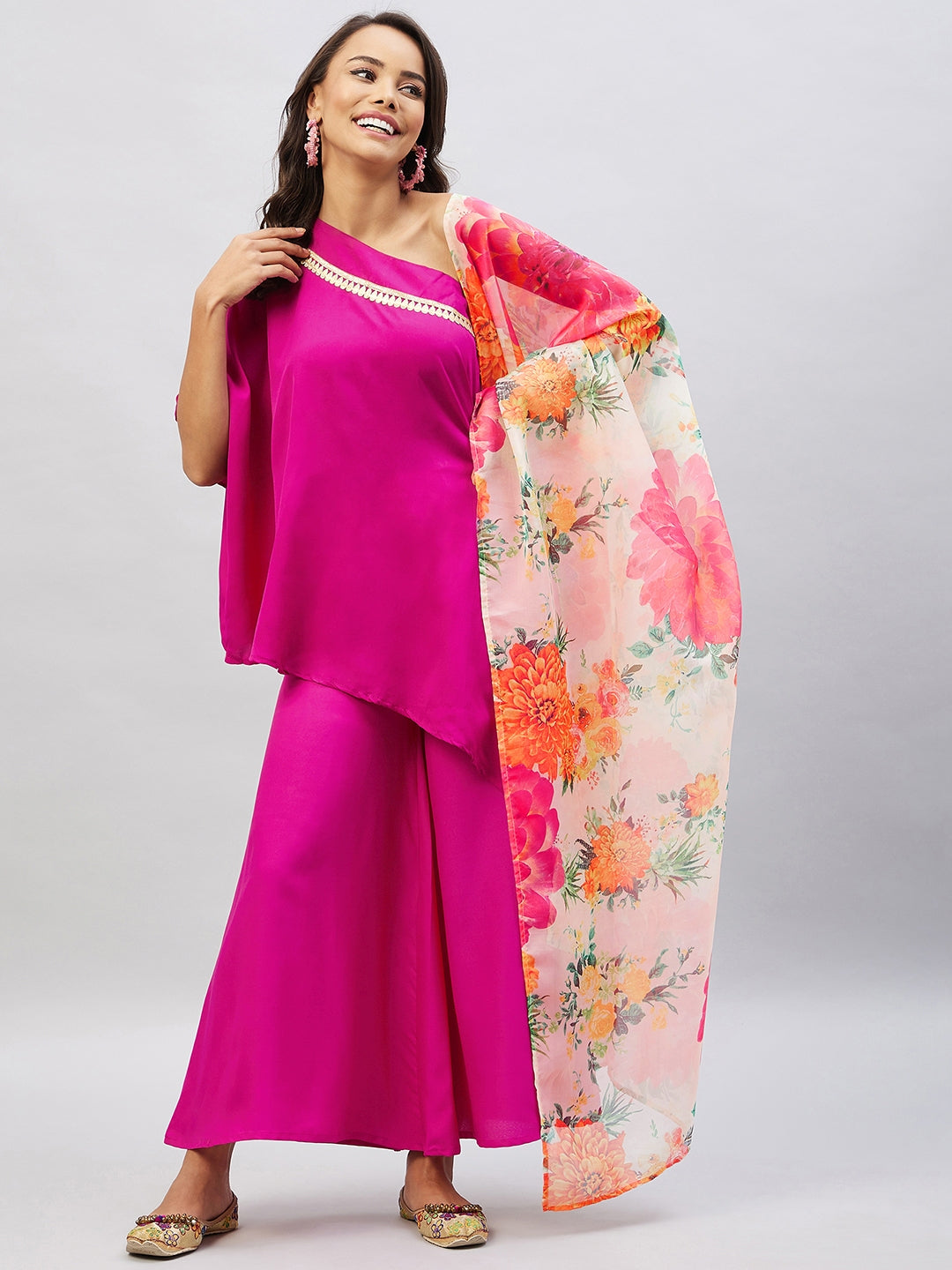 Magenta One shoulder Set With Cream Pink Floral Organza Dupatta