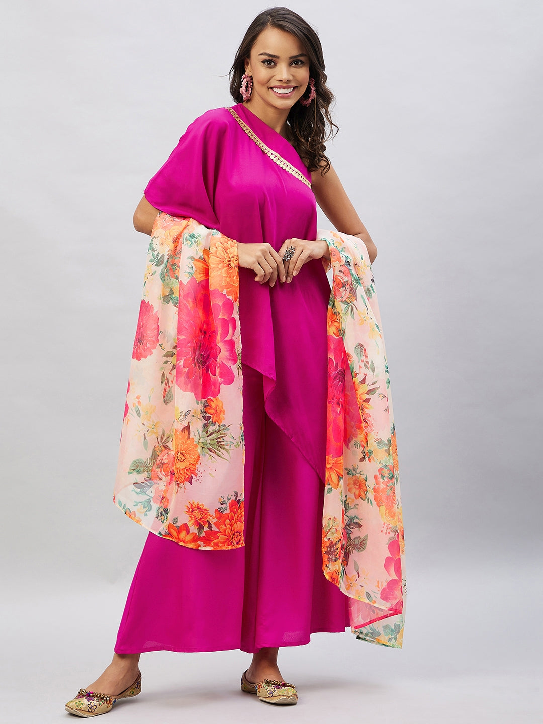 Magenta One shoulder Set With Cream Pink Floral Organza Dupatta