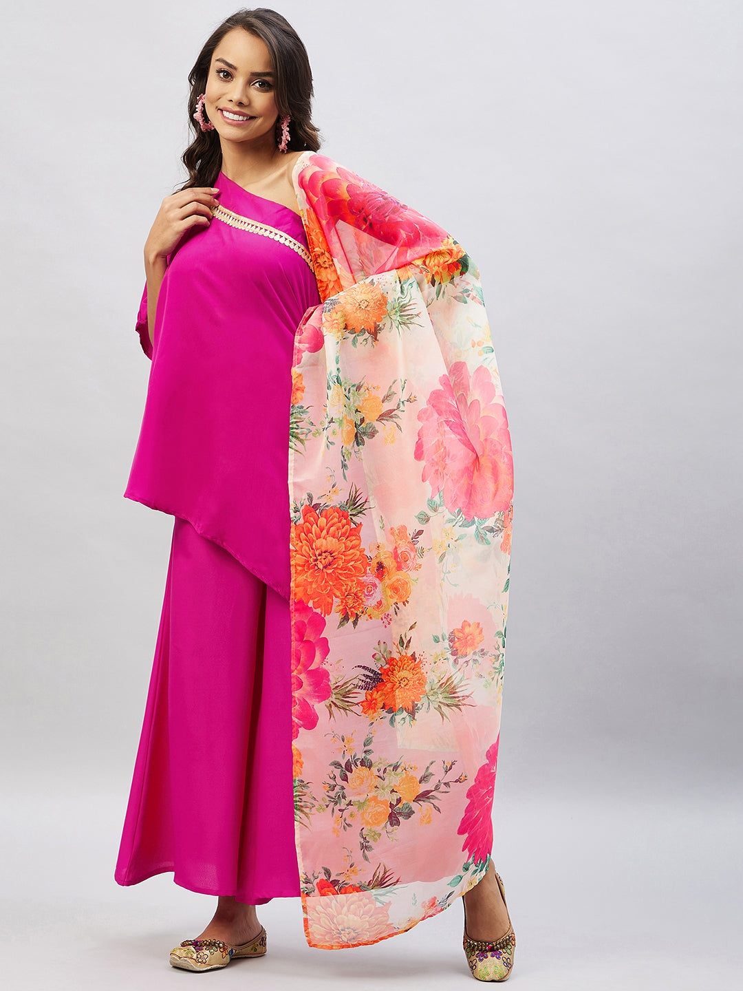 Magenta One shoulder Set With Cream Pink Floral Organza Dupatta