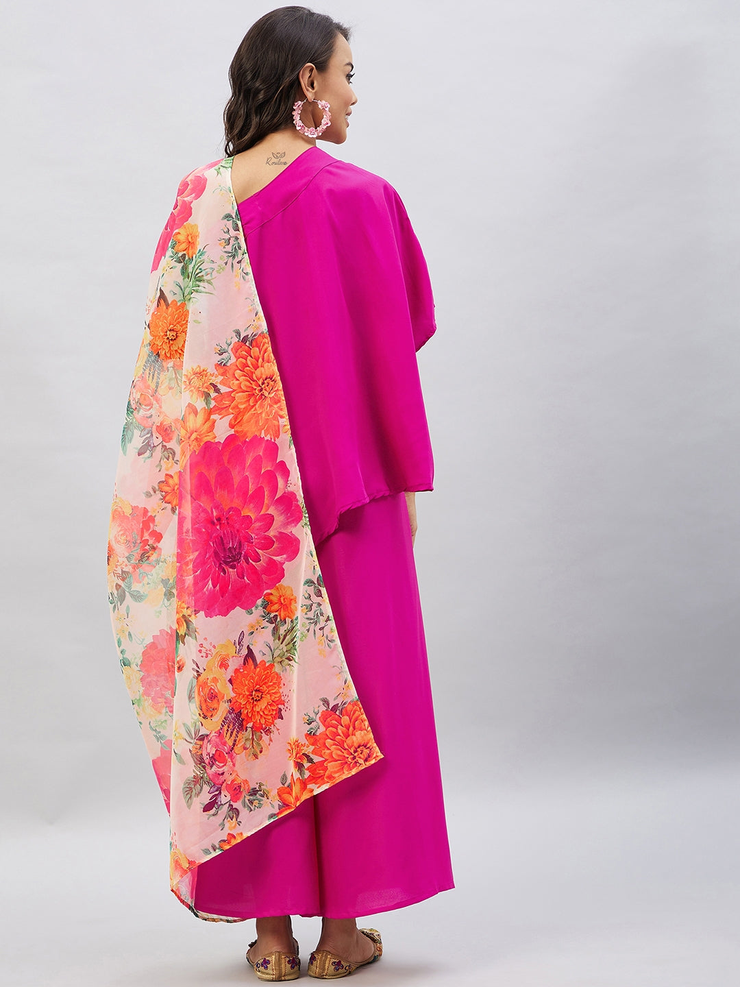 Magenta One shoulder Set With Cream Pink Floral Organza Dupatta