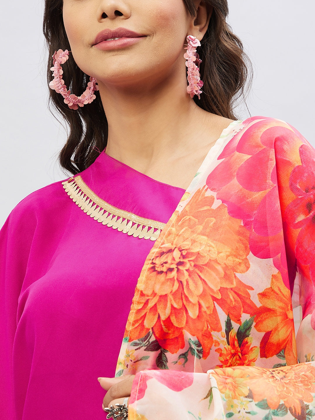 Magenta One shoulder Set With Cream Pink Floral Organza Dupatta