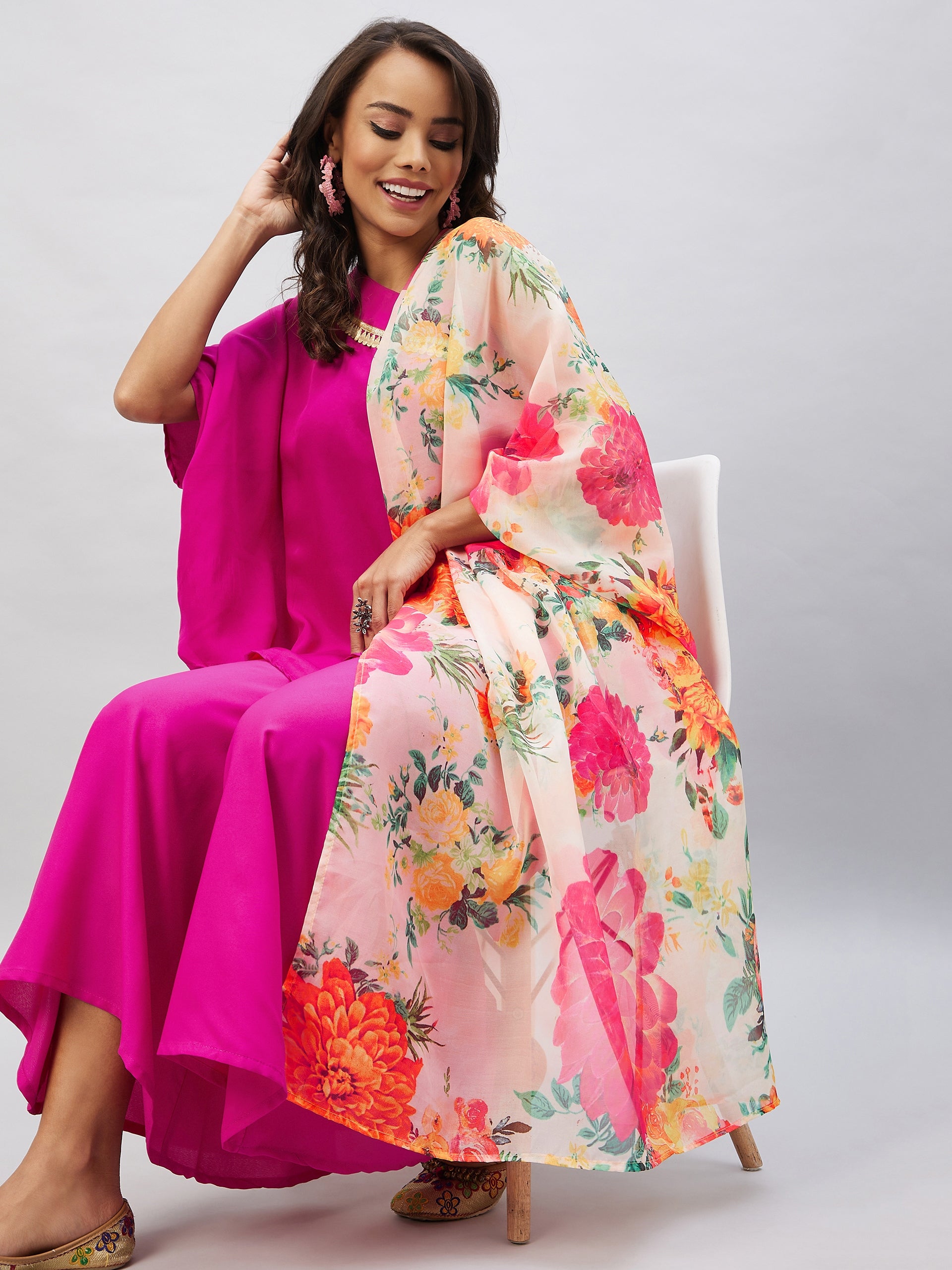 Magenta One shoulder Set With Cream Pink Floral Organza Dupatta