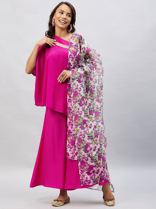 Magenta One shoulder Set With White Pink Floral Dupatta