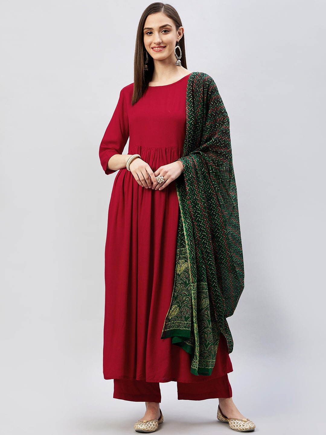 Maroon Long Anarkali Kurta Set With Green Ajrakh Dupatta