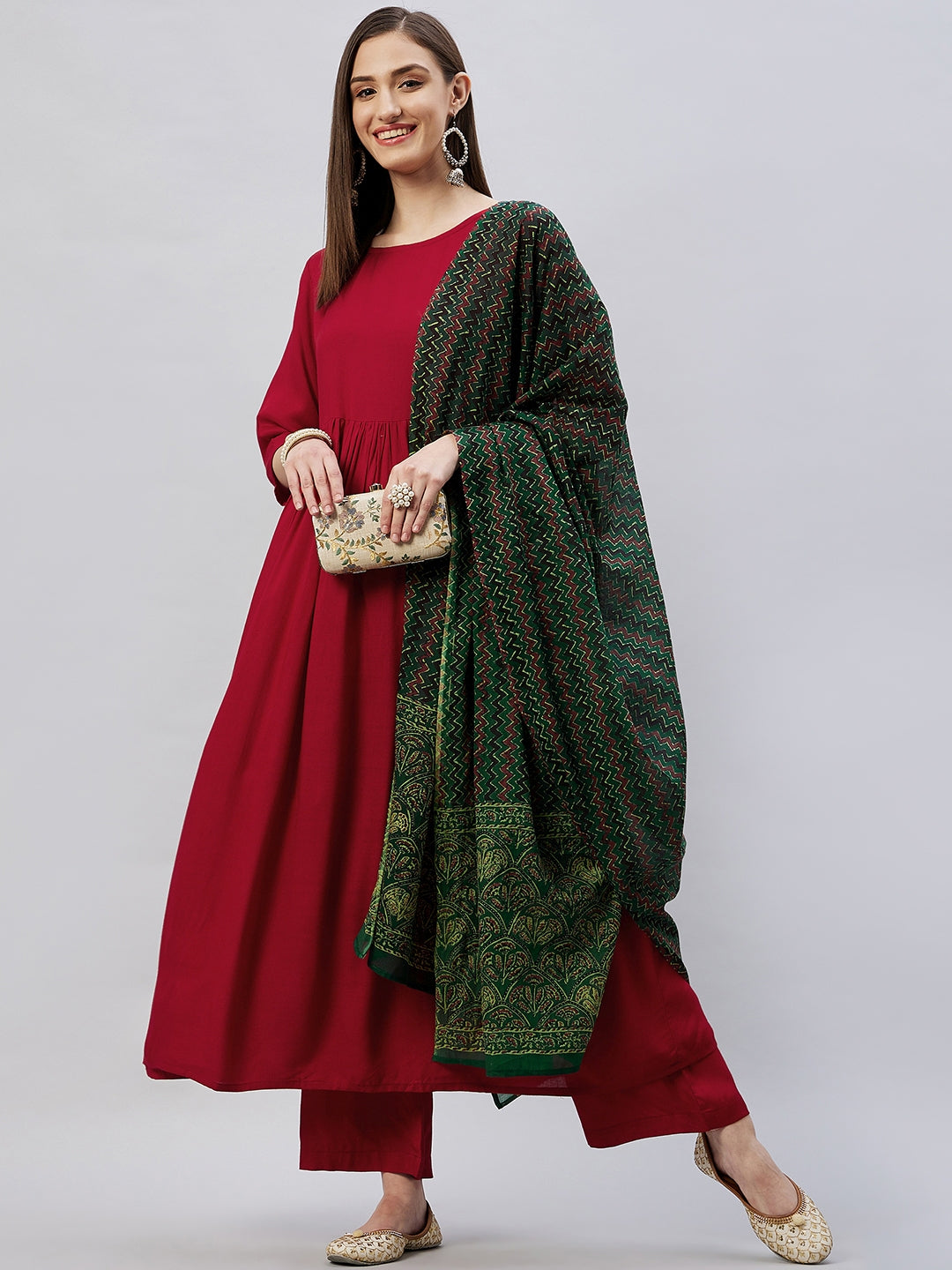 Maroon Long Anarkali Kurta Set With Green Ajrakh Dupatta