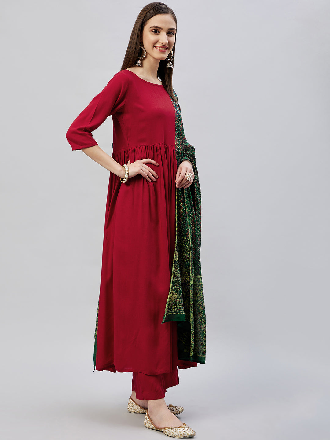 Maroon Long Anarkali Kurta Set With Green Ajrakh Dupatta