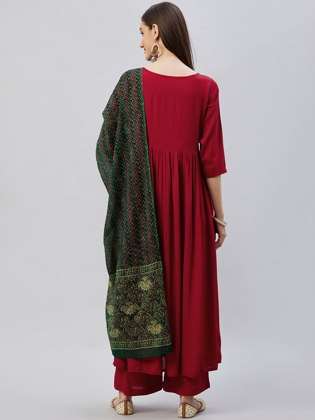 Maroon Long Anarkali Kurta Set With Green Ajrakh Dupatta