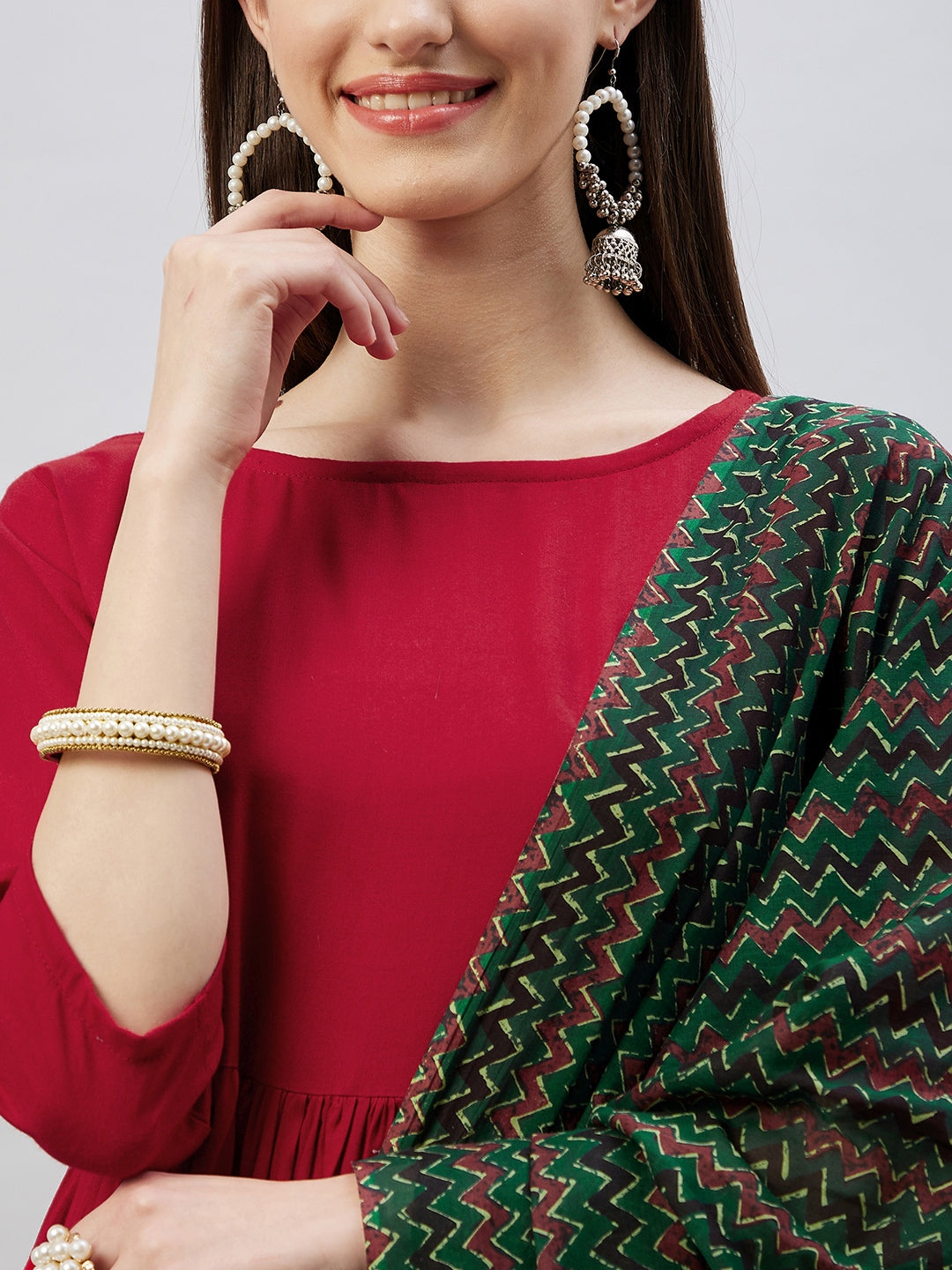 Maroon Long Anarkali Kurta Set With Green Ajrakh Dupatta