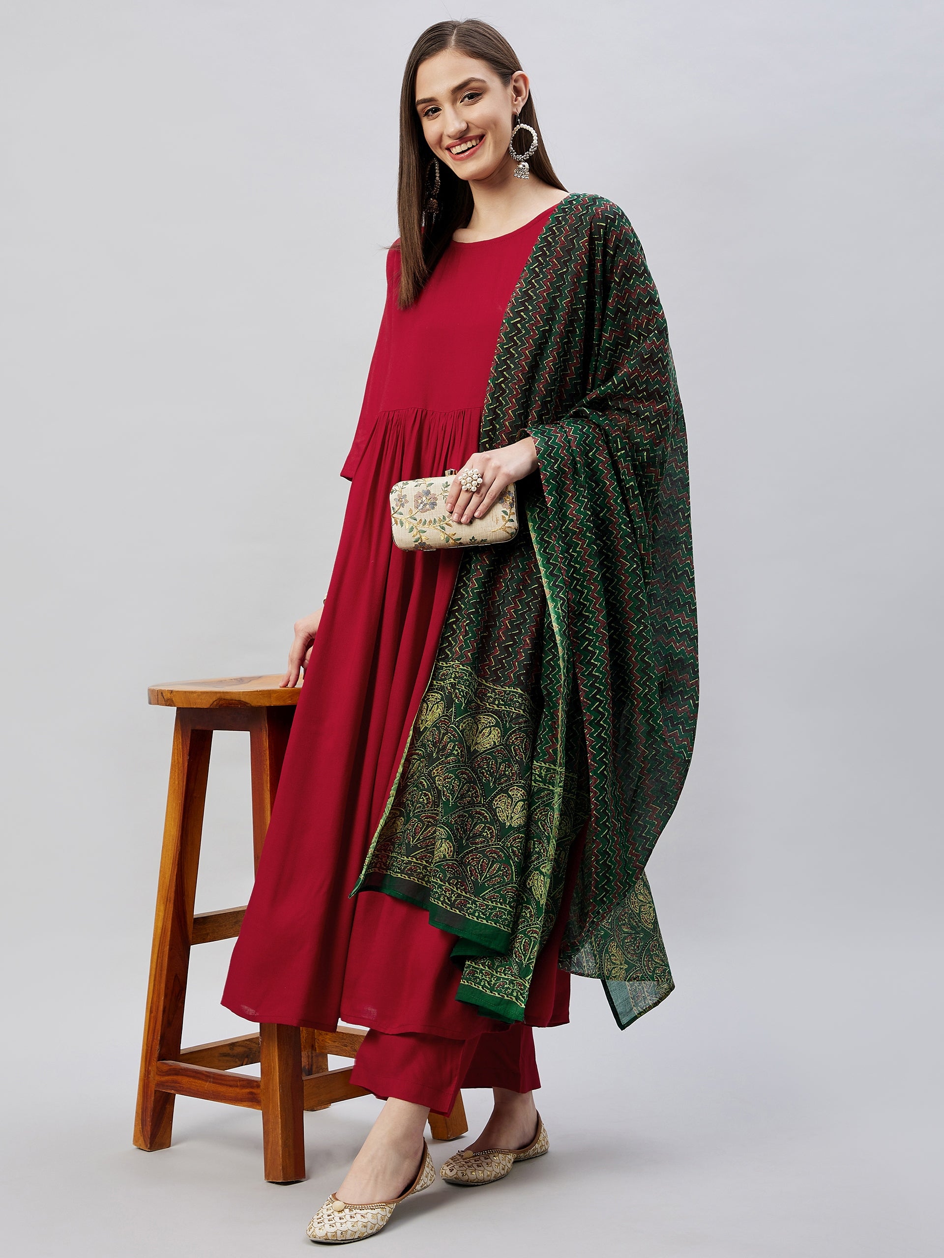 Maroon Long Anarkali Kurta Set With Green Ajrakh Dupatta