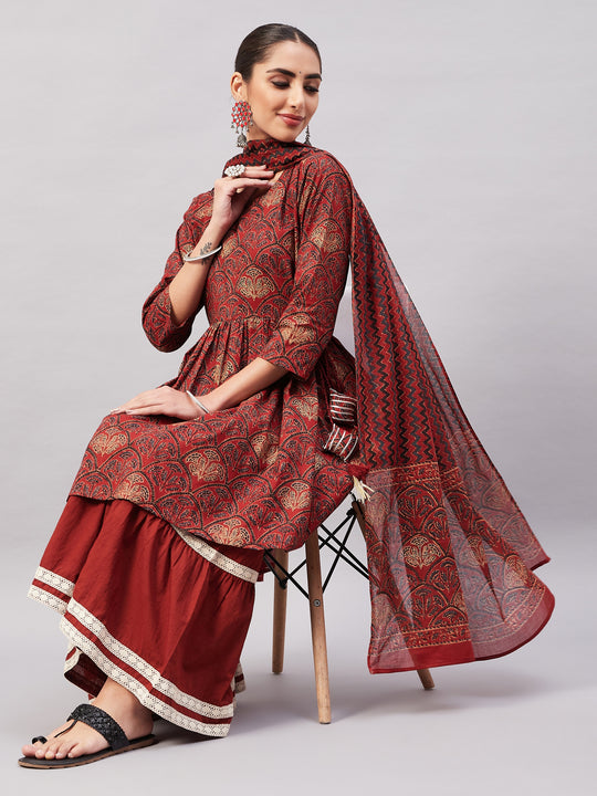 Brick Rust Ajrakh Sharara Set With Dupatta
