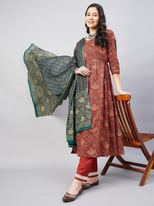 Long Kurta Set Rust Ajrakh With Green Ajrakh Dupatta