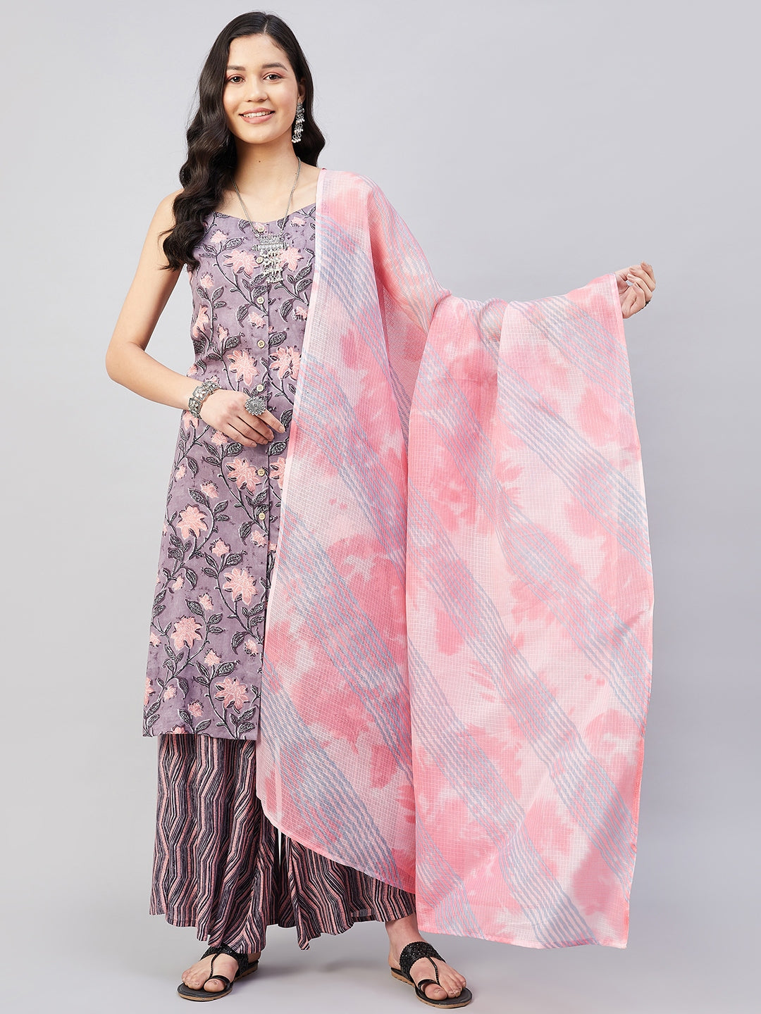 Mauve Abstract Strappy Set With Dupatta